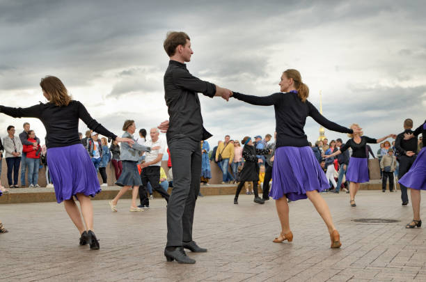 Saint-Petersburg.Russia.July 13.2019.Dancing in the town square in the fresh air.Anyone who wants to dance to music can take part.This is ballroom dancing Rumba, Tango, Salsa, Cha Cha, Samba.