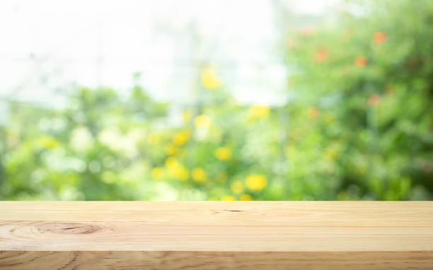 Real wood table top texture on blur flower garden background.For create product display or design key visual stock photo