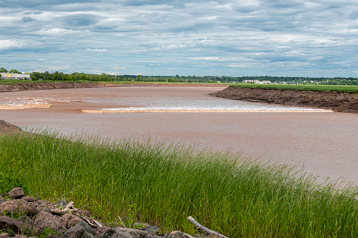 TripAdvisor (https://www.tripadvisor.com/Attraction_Review-g154958-d3507651-Reviews-Tidal_Bore-Moncton_New_Brunswick.html):\n\nA tidal Bore is a tidal phenomenon in which the leading edge of an incoming tide forms a standing wave of water that travels upstream, against the current of a river or narrow bay. \n\nThe tidal bore in Moncton is caused when the unparalleled tides in the Bay of Fundy begin to make their way up the historic Petitcodiac River.\n\n The Bay of Fundy is home to the highest tides in the world and over 160 billion tonnes of water comes in and out of the bay each day. Twice daily, observers can watch the tidal bore as this incoming rush of water overtakes the outgoing tide in the formerly placid river.