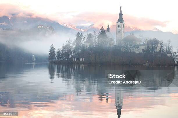 Misty Evening Reflection Stock Photo - Download Image Now - Lake Bled, Window, Architecture