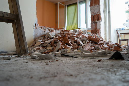 Smashed Wall Building Wall Smashed Into Debris Room In Apartment Ready For Renovation With ...