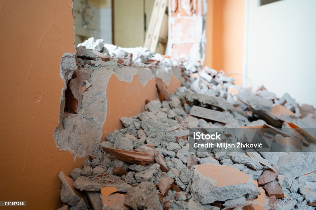Smashed Wall Entry Wall Smashed Into Debris Room In Apartment Ready For Renovation With ...