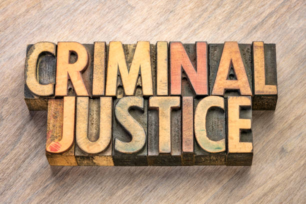 criminal justice words in wood type stock photo