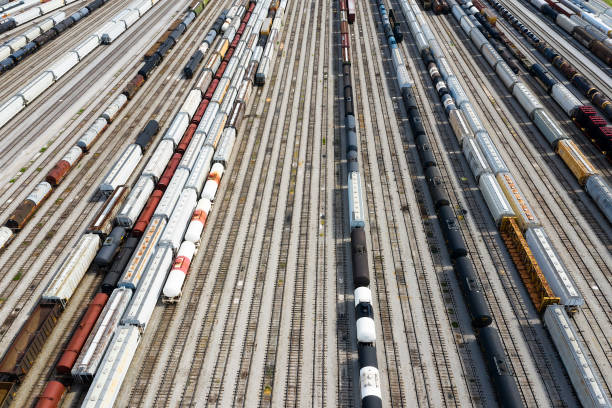 Many railroad tracks run diagonally from left to right and up.