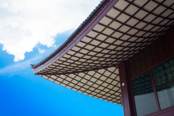 Japanese style wood roof pattern on blue sky background,Japanese style building
