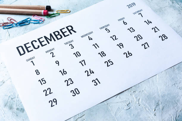Monthly December  2019 calendar Simple 2019 December monthly calendar on table with office supplies 2019 stock pictures, royalty-free photos & images