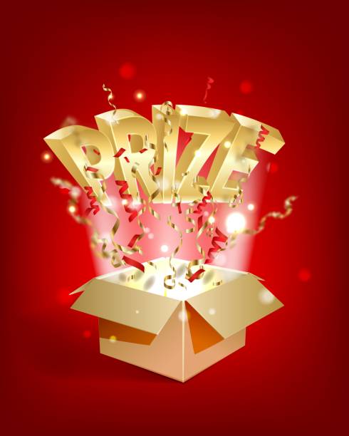 istock PRIZE gold text. Open textured box with confetti explosion inside and golden winning word. Flying particles from giftbox vector illustration on red background 1164195112