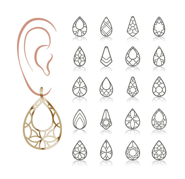 Vector designs of earring 20 Earring Vector Templates. Cutout silhouettes like teardrop. Design is suitable for creating delicate  filigree women jewelry. ear piercing clip art stock illustrations