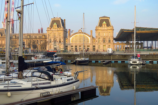 Port with yachts and train station, a very famous view of the city of Ostend, Flanders, Belgium, Europe