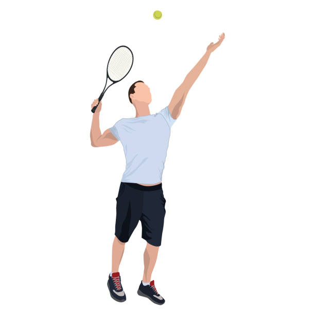 illustrazioni stock, clip art, cartoni animati e icone di tendenza di tennista con palla e racchetta, illustrazione piatta vettoriale isolata - tennis court tennis racket forehand