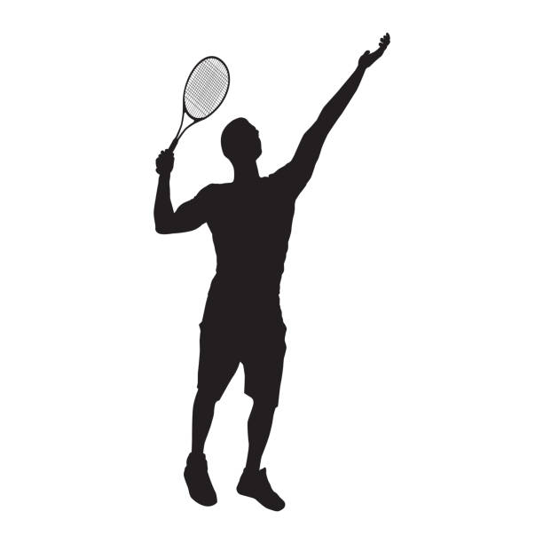 illustrations, cliparts, dessins animés et icônes de silhouette noire de joueur de tennis sur le fond blanc, illustration de vecteur - tennis silhouette playing forehand