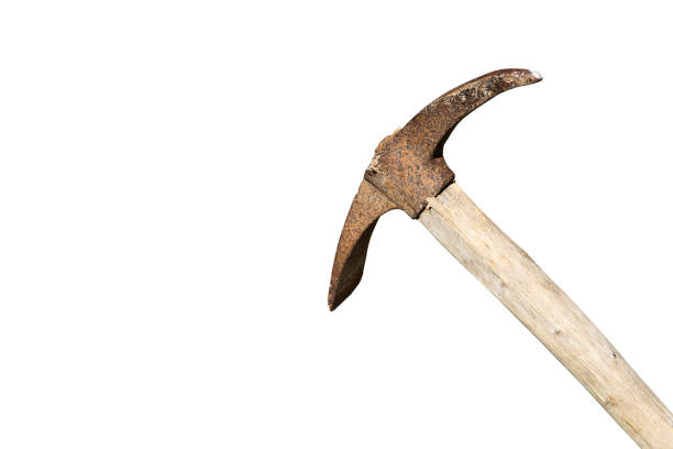 istock Pickaxe isolated on a white background beats from above. Extraction of stone and iron ore using a hoe or a hammer with a wooden handle. 1164197011
