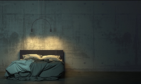 Dark Room In The Twilight With Empty Bed Standing On The Floor In Front Of The Concrete Wall Gloomy Interior In Loft Style With Copy Space 3d Rendering Stock Photo - Download