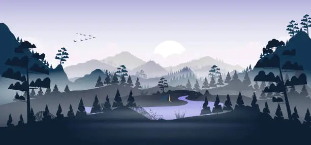 Vector illustration of Flat minimal lake with pine forest, and mountains