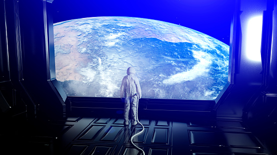 Alone astronaut in futuristic interior. Sci fi room view of the earth. 3d rendering.