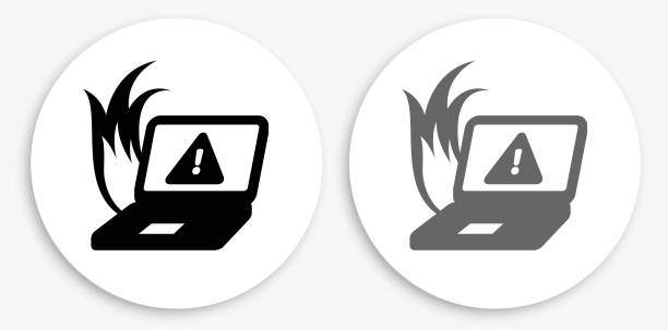 illustrations, cliparts, dessins animés et icônes de icône ronde noire et blanche de surchauffe d'ordinateur - computer icon black and white flame symbol