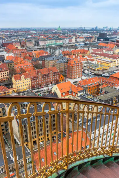 View over the city of Copenhagen from the outside stairs of the Vor Frelsers Kirke Erloeserkirche, Denmark, Europe