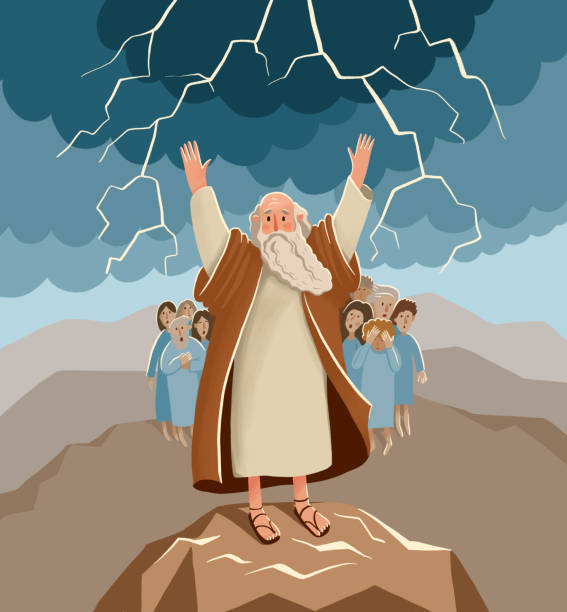 bibel-kinder-illustration. der alte mose steht hans auf und potektiert sein volk. - valley storm thunderstorm mountain stock-grafiken, -clipart, -cartoons und -symbole