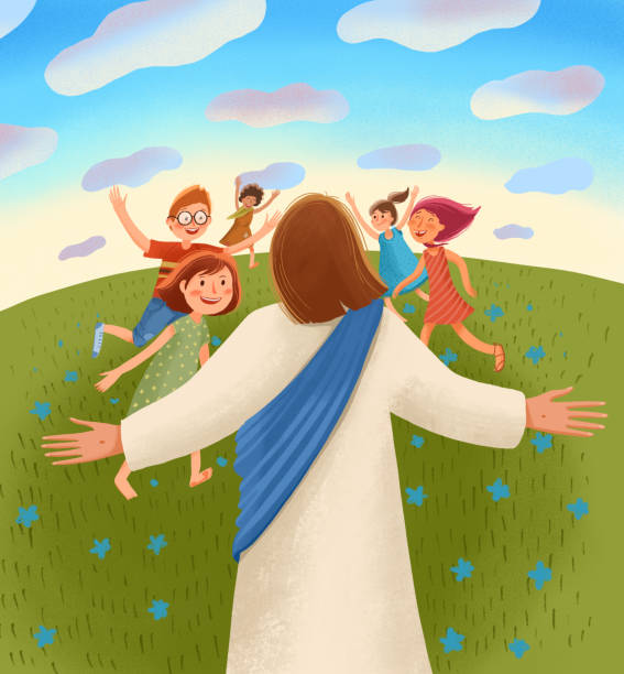 ilustraciones, imágenes clip art, dibujos animados e iconos de stock de ilustración para niños de la biblia. jesús espera a los niños con los brazos abiertos, los niños corren hacia él con alegría y felicidad. - christ child