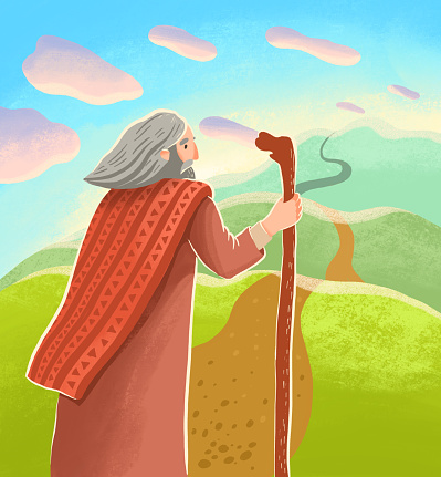 Bible children illustration. Abraham is standing with stick with looking at long far road