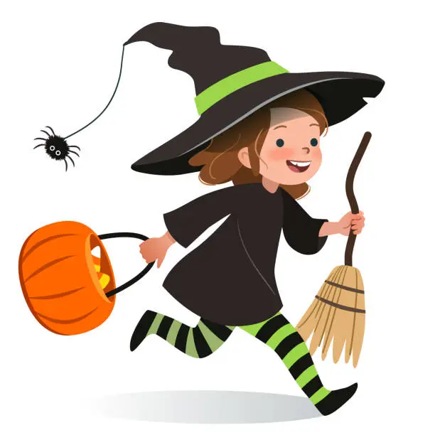 Vector illustration of Cute young happy girl, running in Halloween witch costume with hat, black dress, stripy stockings, carrying broom and orange trick or treat basket. Halloween fun for children, fall holiday theme.