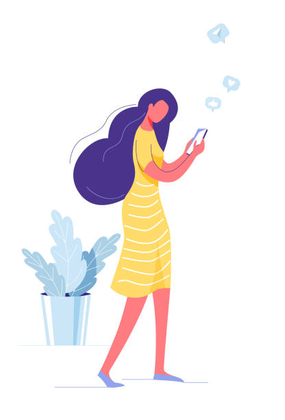 stockillustraties, clipart, cartoons en iconen met meisje lopen met smartphone vector achtergrond illustratie. social media online concept - woman phone