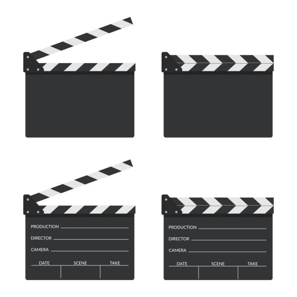 satz von leeren film klapper board-symbol in flachem stil. film, kino, filmsymbolkonzept. director-klatschbrett. filmherstellungsgerät. - movie clapper stock-grafiken, -clipart, -cartoons und -symbole