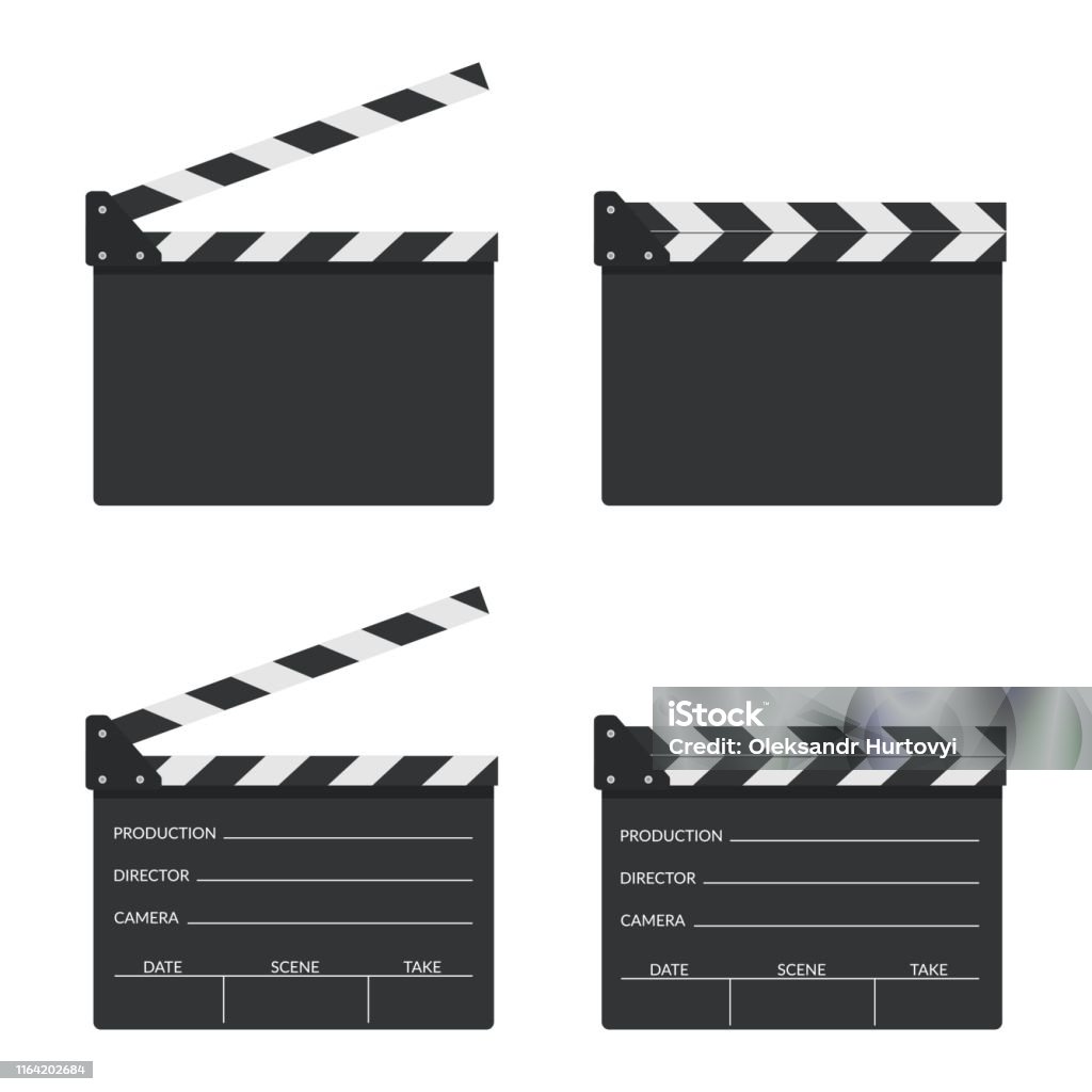 Set of blank movie clapper board icon in flat style. Movie, cinema, film symbol concept. Director clapboard. Filmmaking device. Vector illustration Film Slate stock vector