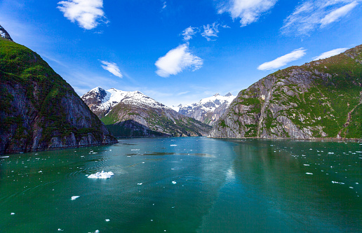 Sailing toward the Tracy Arm Fjord we see Alaskan Snowcapped Mountains overlooking a lush Forest and beautiful lake.