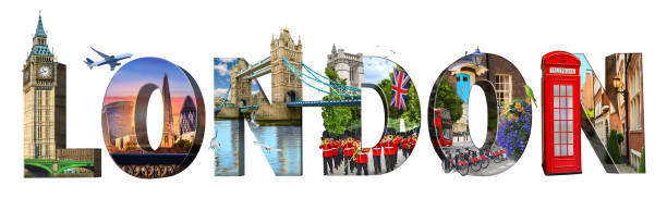 punti di riferimento della città di londra. illustrazione di parole dei monumenti e dei luoghi più famosi di londra. - telephone booth telephone panoramic red foto e immagini stock