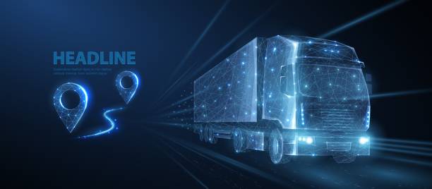 Truck. Abstract 3d heavy lorry van. Icon pin. Highway road. Isolated on blue. Transportation vehicle, delivery transport, cargo logistic concept. Freight shipping, international delivering industry. truck trucking car van stock illustrations