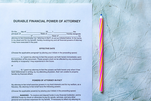 Durable financial power of attorney form on bright background