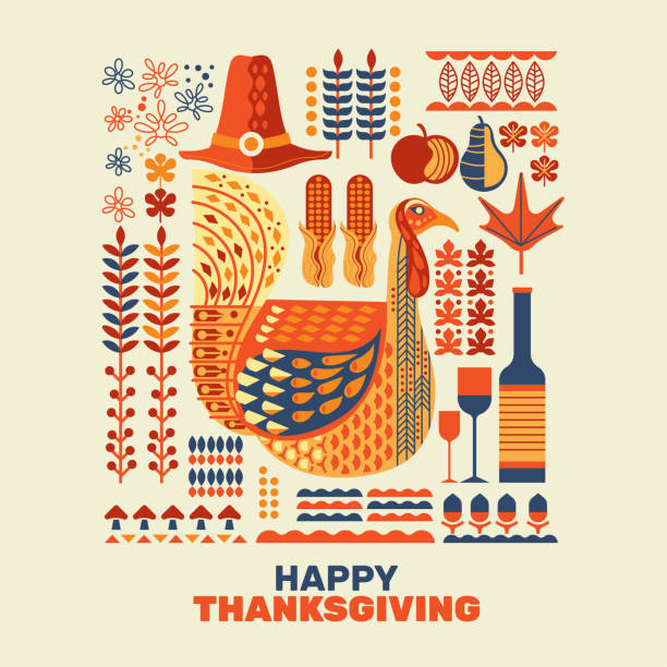 illustrations, cliparts, dessins animés et icônes de dindes et décoration heureuses de thanksgiving avec l'ensemble d'élément de conception - thanksgiving turkey illustrations