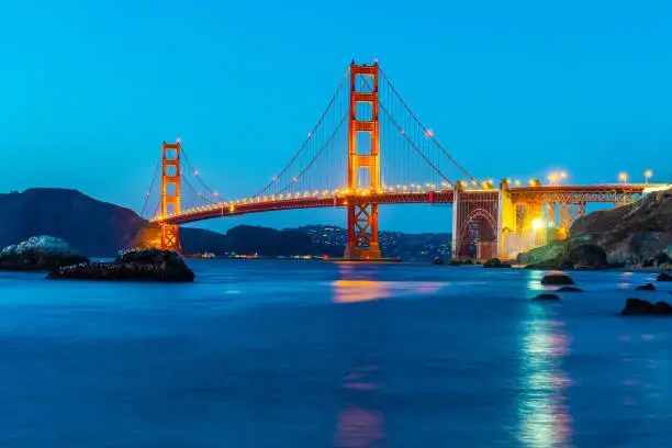 Golden Gate Bridge at twilight. Night lights illuminate the Bay Area of San Francisco city, California. Beautiful iconic architecture and amazing engineering structure. Famous tourist attraction.