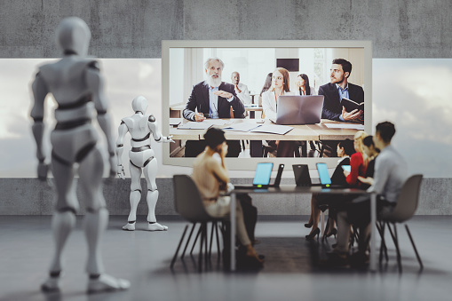 Humanoid robots and business people in the office. This is entirely 3D generated image.