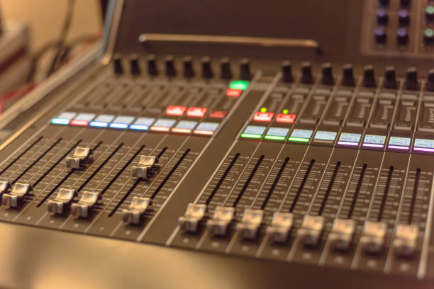 istock Colorful sound mixer control DJ turntable close-up 1164219196