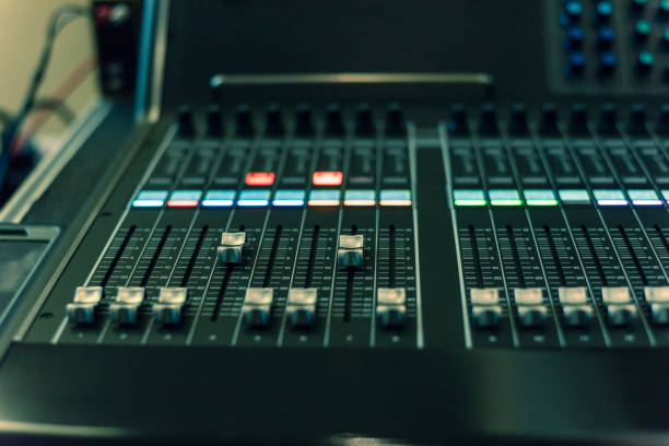 istock Filtered image colorful sound mixer control DJ turntable close-up 1164219815