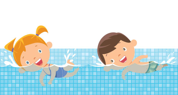 ilustrações, clipart, desenhos animados e ícones de rapaz pequeno e menina na piscina. - child swimming pool swimming little boys