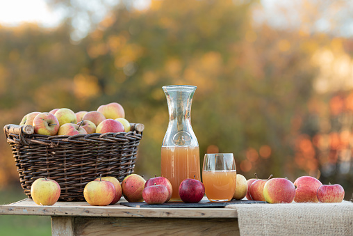 Fresh apple juice from apples in the fall after harvest, served on a table in sunset