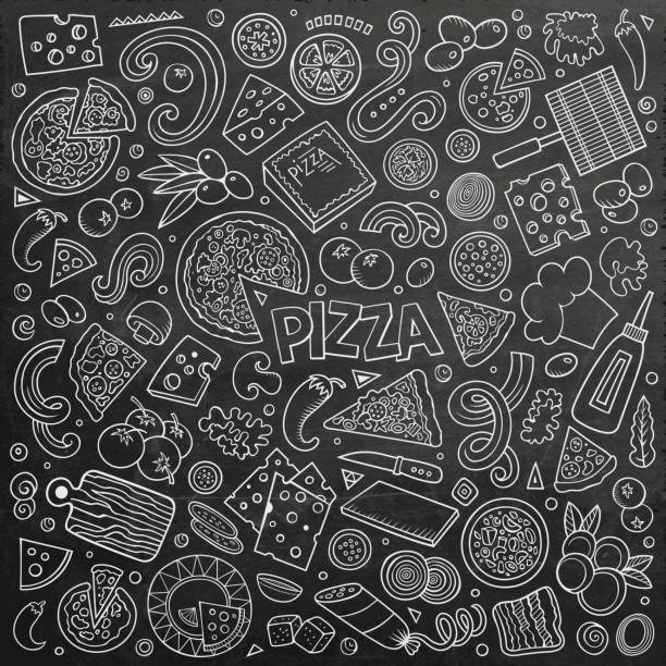 illustrations, cliparts, dessins animés et icônes de ensemble de dessin animé de vecteur des objets et des symboles de pizzeria - pizza pizza box cartoon take out food