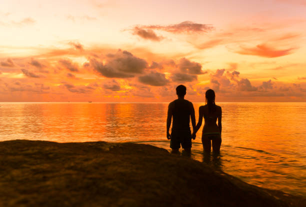 istock Romantic couple watching sunset at the beach 1164225982