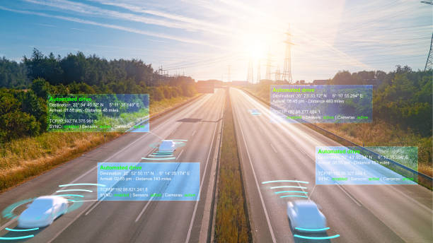 istock Smart car (HUD) , Autonomous self-driving mode vehicle on highway road iot concept with graphic sensor radar signal system and internet sensor connect. 1164230404