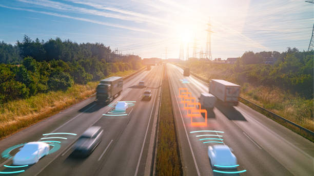 istock Smart car (HUD) , Autonomous self-driving mode vehicle on highway road iot concept with graphic sensor radar signal system and internet sensor connect. 1164230451