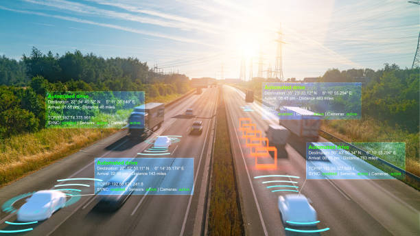istock Smart car (HUD) , Autonomous self-driving mode vehicle on highway road iot concept with graphic sensor radar signal system and internet sensor connect. 1164230455