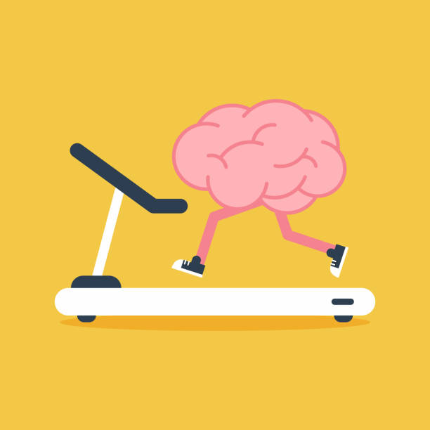 ilustrações de stock, clip art, desenhos animados e ícones de brain training with treadmill running flat design. creative idea concept - bem estar mental ilustrações