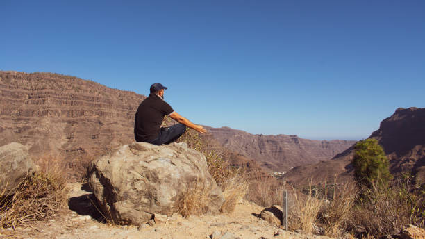 istock Man seat on a big stone in the mountain, meditation. 1164230644