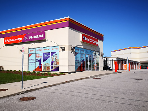 Toronto, Canada - April 28, 2019: Entrance of Public Storage at Scarborough in Toronto.