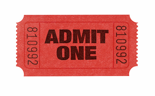 Red admission or admit one ticket isolated against white (clipping path provided).  Alternative pair of tickets shown below:
