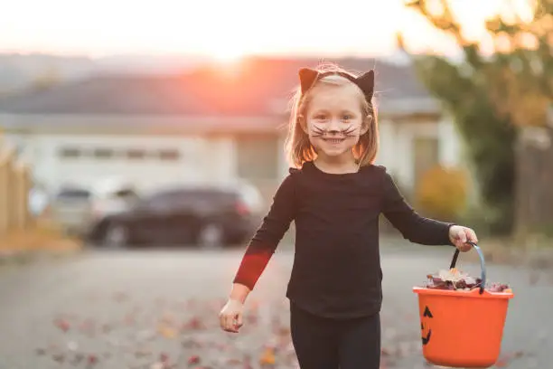 A cute young girl dressed as a black cat carries an orange bucket as she heads out for an evening of trick or treating in a suburban neighbhorhood.
