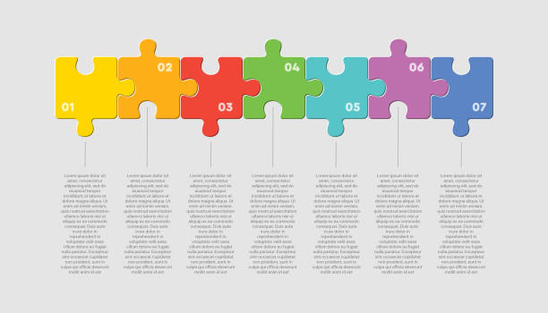 illustrazioni stock, clip art, cartoni animati e icone di tendenza di infografica a linea quadrata puzzle a sette pezzi - jigsaw piece choice banner number